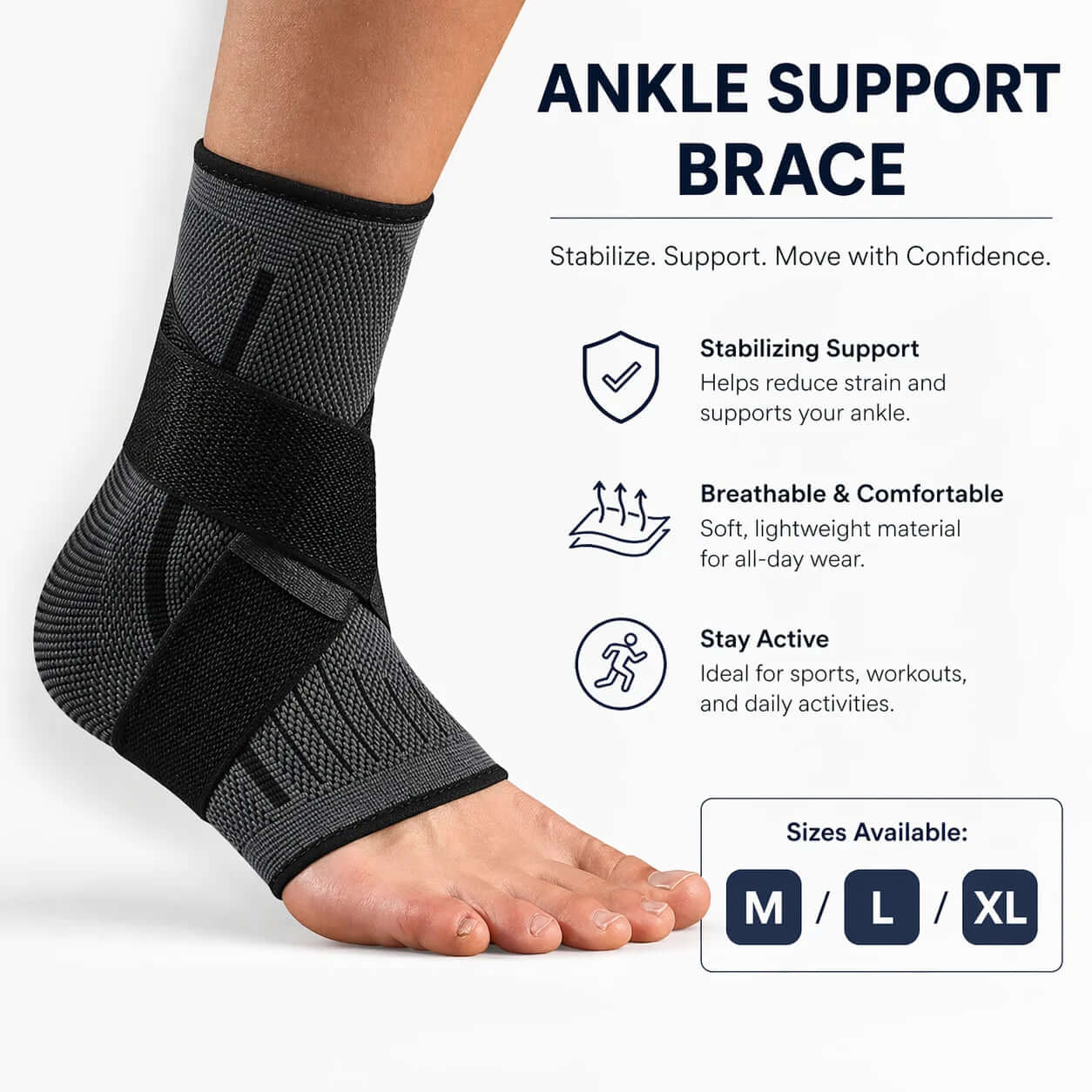 Ankle Support Brace with Adjustable Wrap on an athlete's foot, and also showing important and beneficial details