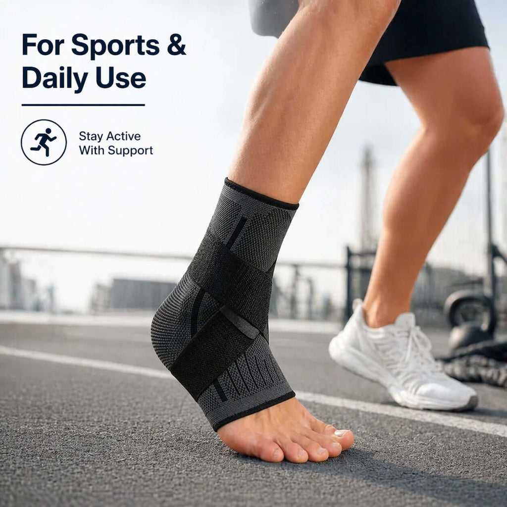 Ankle Support Brace with Adjustable Wrap displaying recommendations for sports and daily use