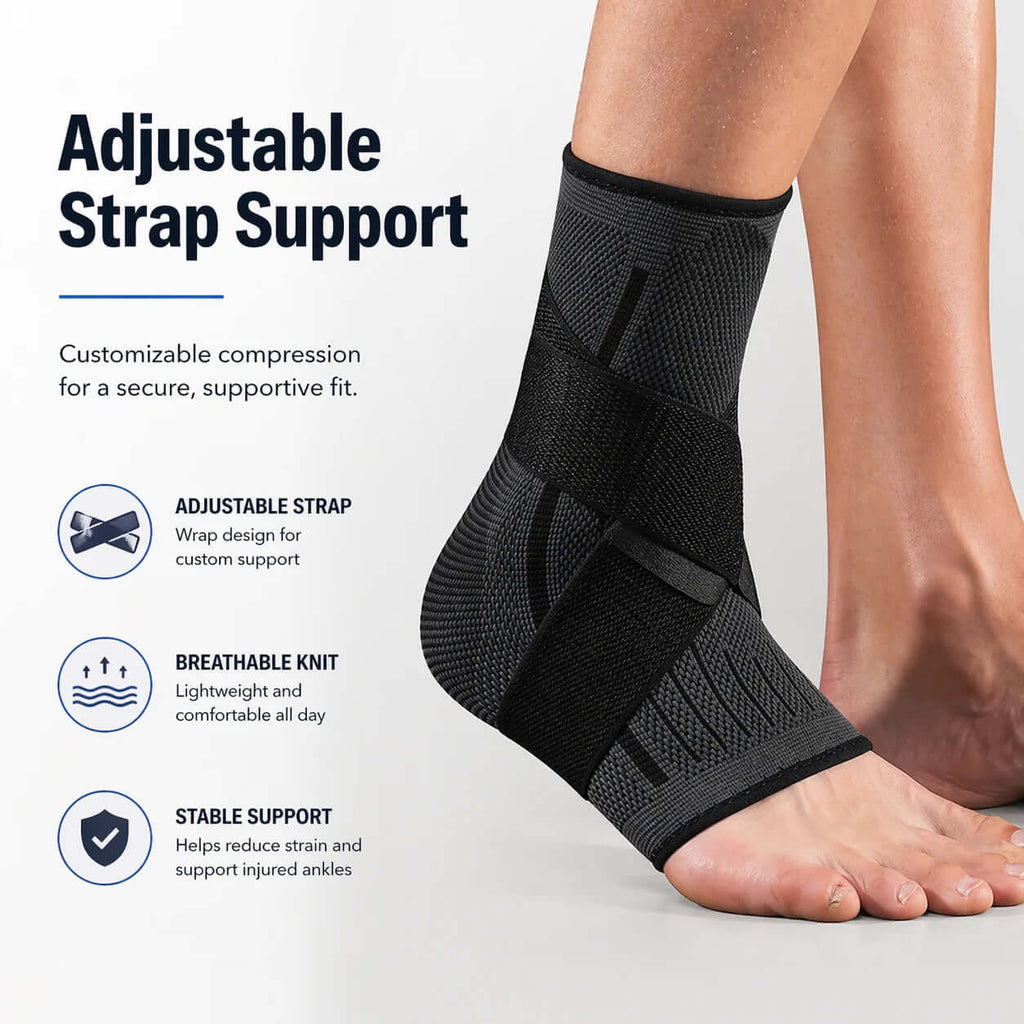 Ankle Support Brace with Adjustable Wrap displaying the Adjustable Strap Support Benefits