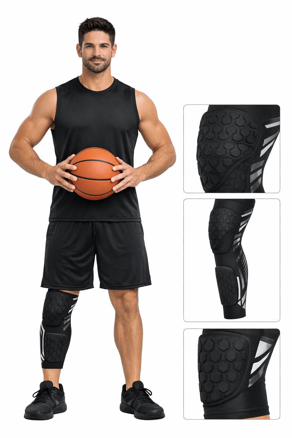 Padded Compression Leg Sleeve – Knee & Shin Protection for Sports & Training worn by a male basketball player holding a ball.