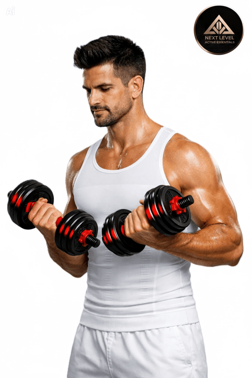 NLAE Athlete wearing the white Slimming Compression Vest and working out with 5-44 lbs. Adjustable Dumbbell Set