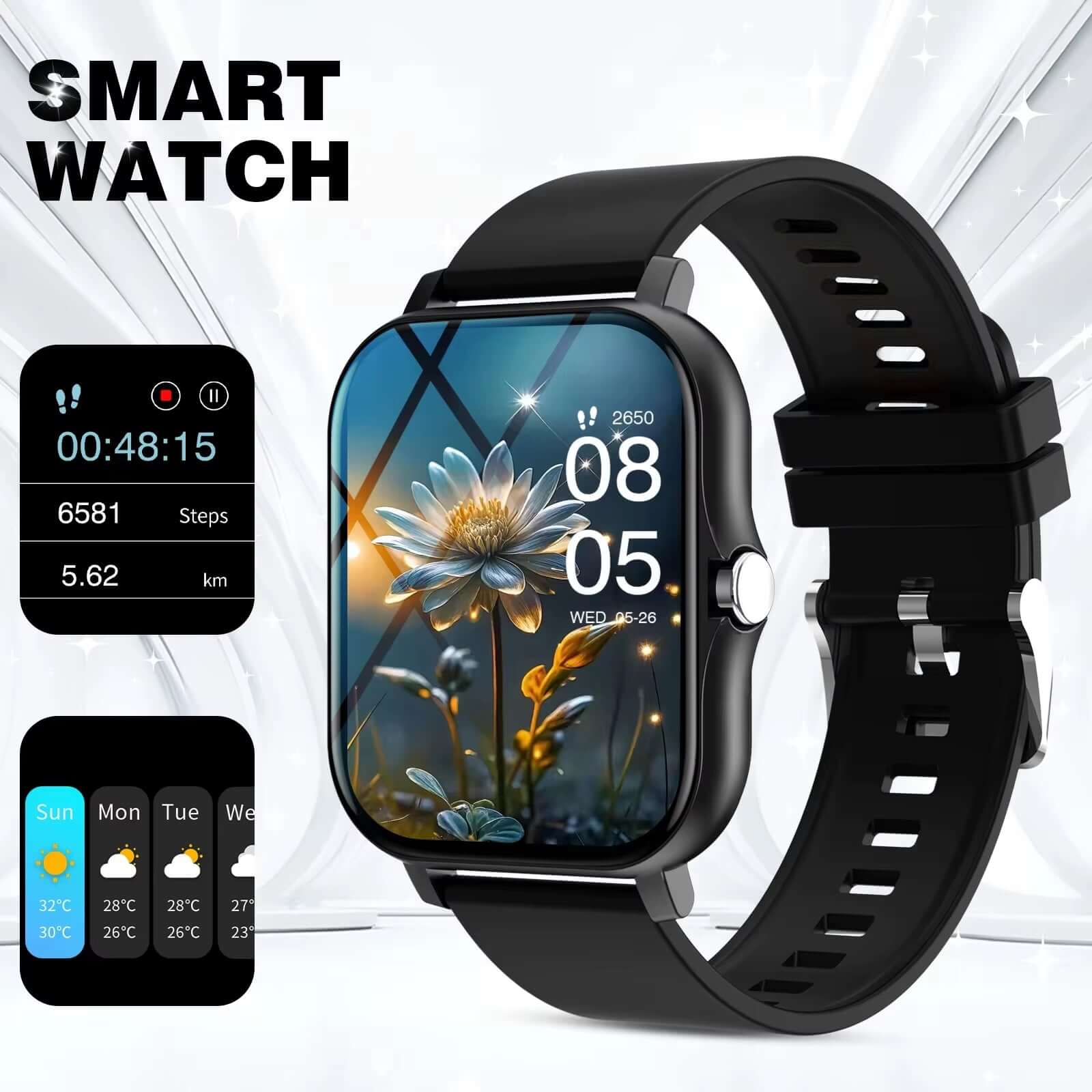 Fitness Smartwatch – Bluetooth Calling, Full Touch Screen, Multi-Sport Tracking on a sleek black wristband.