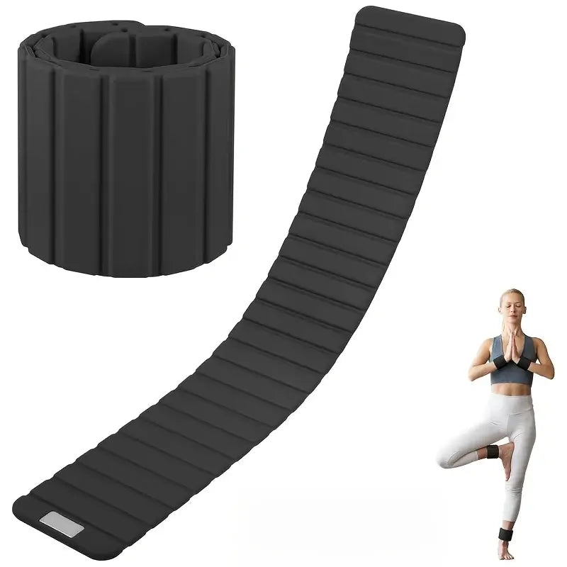 Magnetic Wrist & Ankle Weights 1kg 2.2 lbs. Black displaying a Female Athlete doing yoga