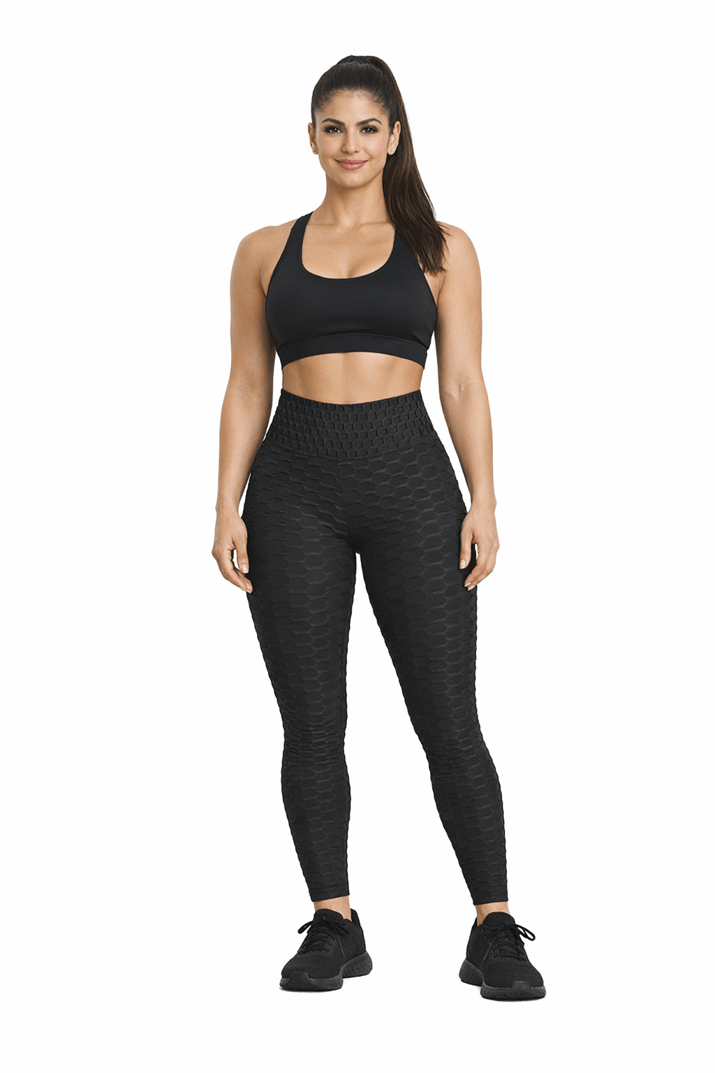 Women's Seamless Bubble Leggings – High-Waist Gym & Yoga Leggings model wearing black seamless leggings and sports bra.