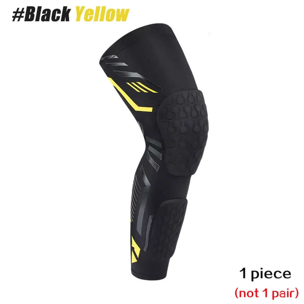 Padded Compression Leg Sleeve – Knee & Shin Protection for Sports & Training in Black and Yellow color.