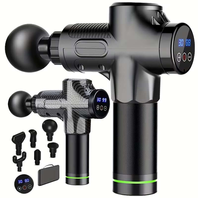Professional Deep Tissue Percussion Massage Gun-30-Speed Muscle Recovery, with multiple attachments and display.