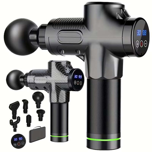 Professional Deep Tissue Percussion Massage Gun-30-Speed Muscle Recovery, with multiple attachments and display.