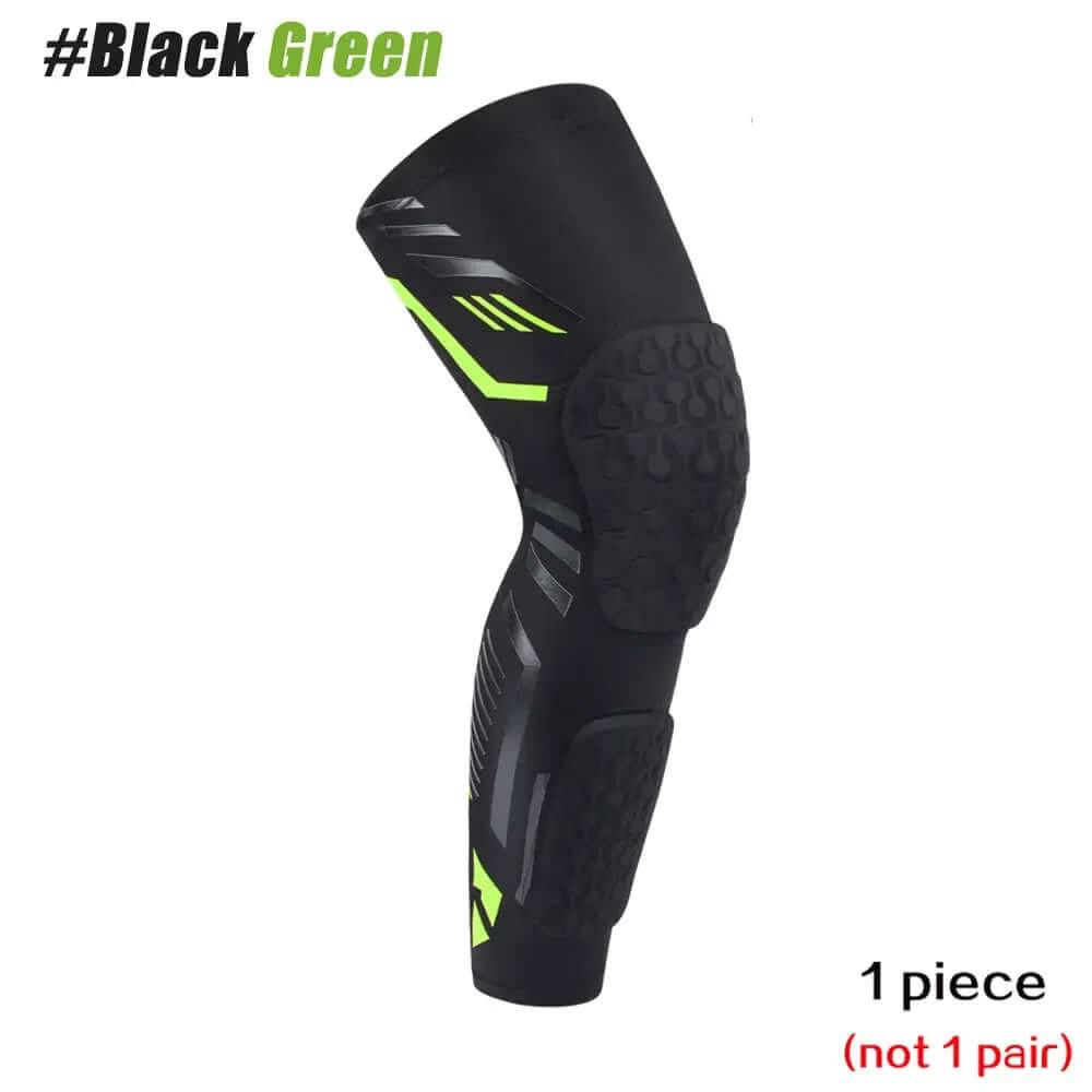 Padded Compression Leg Sleeve – Knee & Shin Protection for Sports & Training in black and green design.