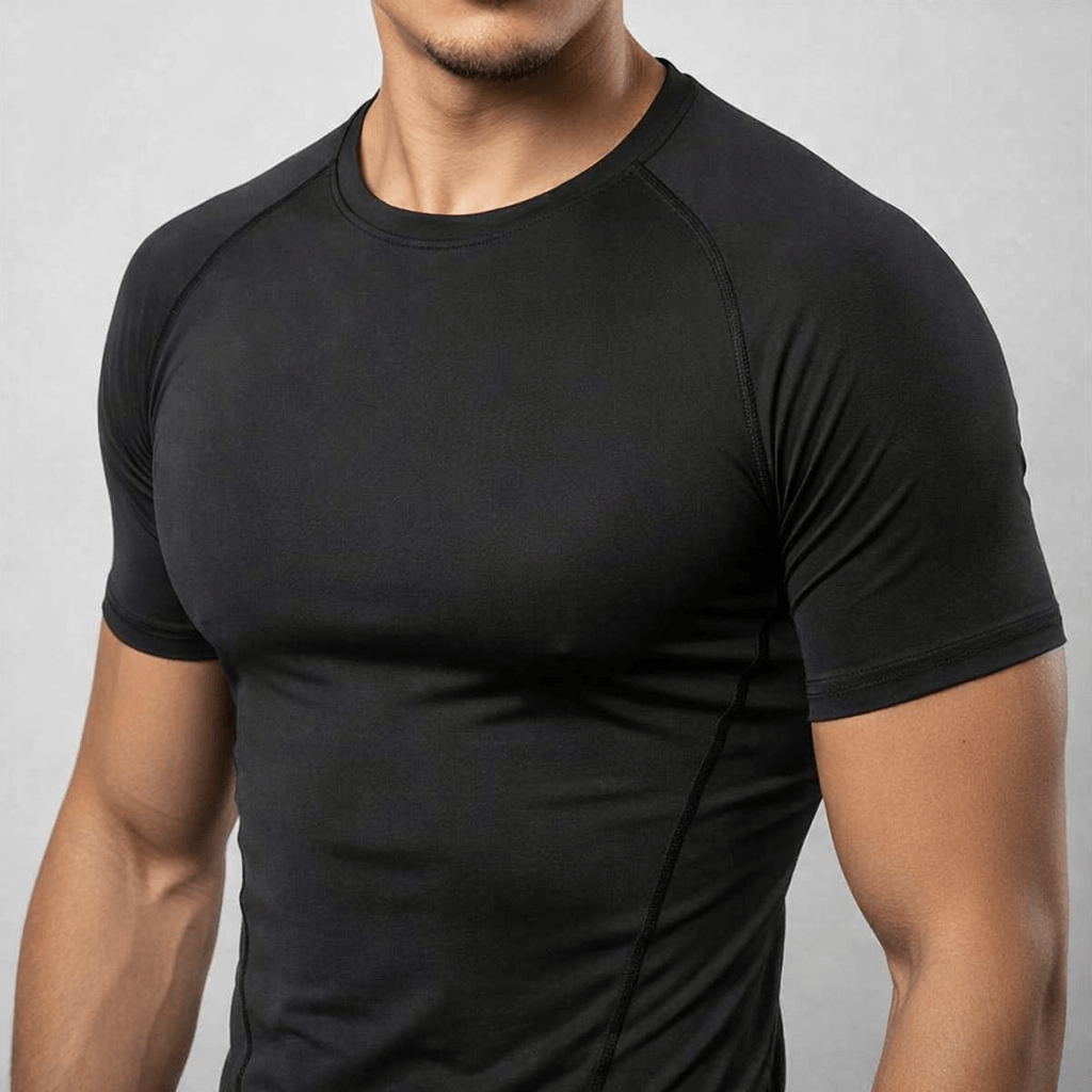 Men's quick-dry performance training compression shirt – Stretch Compression Tee for Running & HIIT, black fabric detail.