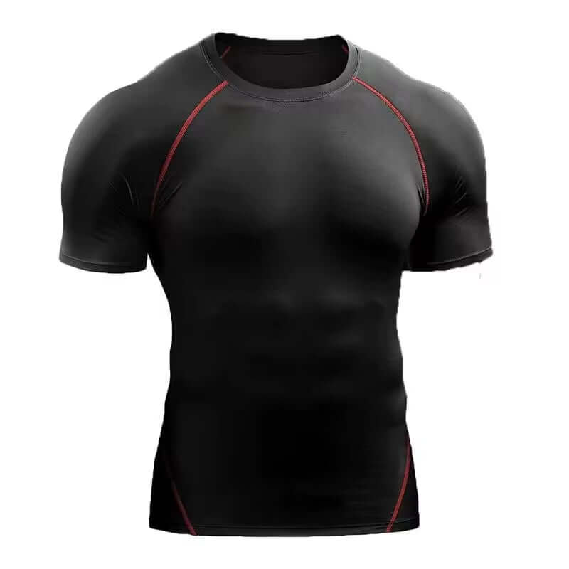 Men's quick-dry performance training compression shirt – Stretch Compression Tee for Running & HIIT in black with red accents.