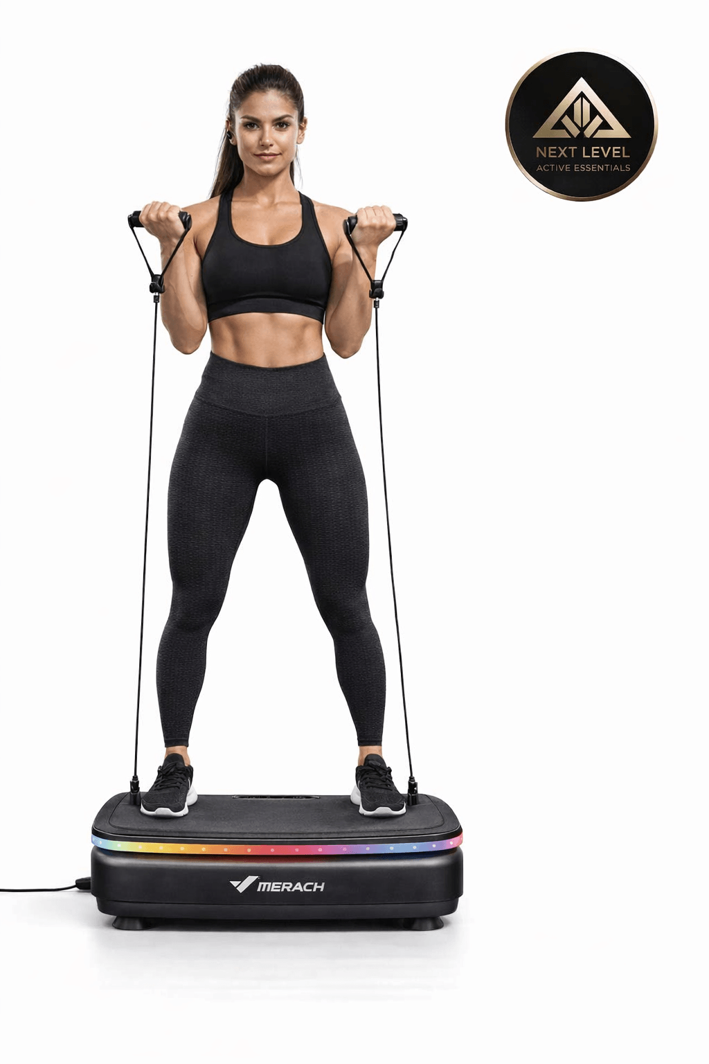 Vibration Plate Exercise Machine – Full-Body Fitness Platform with Resistance Bands in use by a woman.