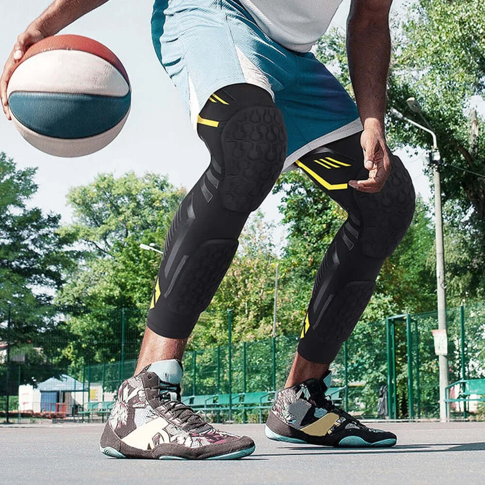 Padded Compression Leg Sleeve – Knee & Shin Protection for Sports & Training worn by athlete during basketball game.