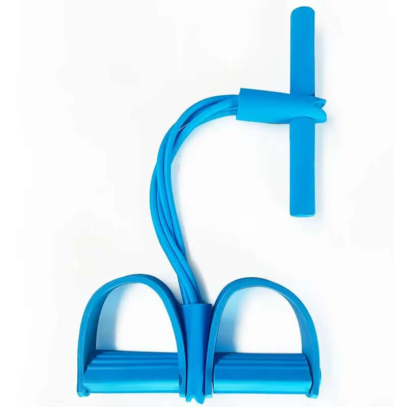 4-Tube Pedal Resistance Band Trainer for versatile full-body workouts in a compact design. Blue model