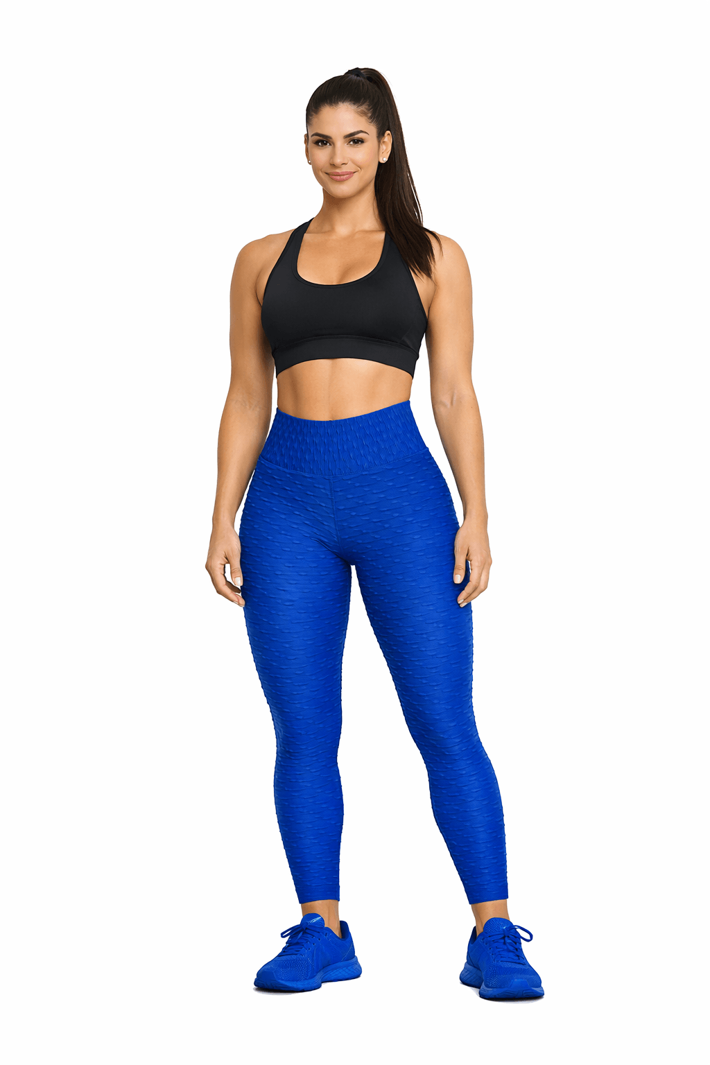 Women's Seamless Bubble Leggings – High-Waist Gym & Yoga Leggings in blue worn by a fitness model.