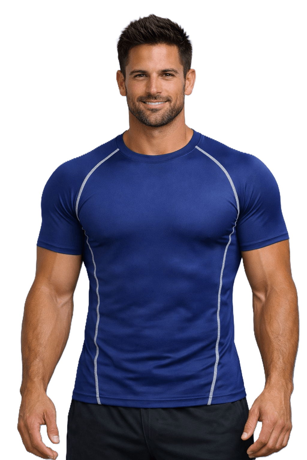 Men's quick-dry performance training compression shirt – Stretch Compression Tee for Running & HIIT in blue with gray accents perfect for workouts.