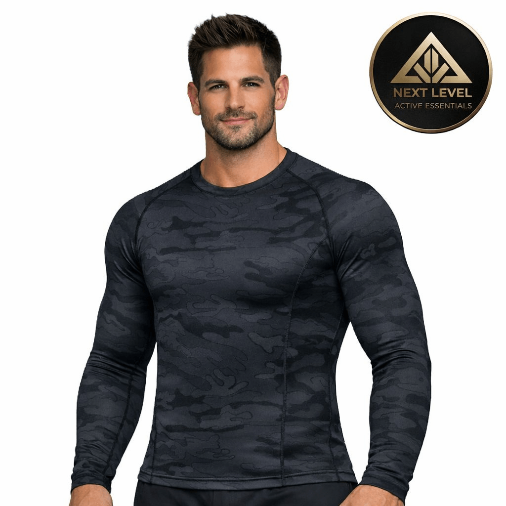 Men's upf 50 long sleeve compression rash guard – Water Sports & Athletic Base Layer Shirt in black camouflage design.