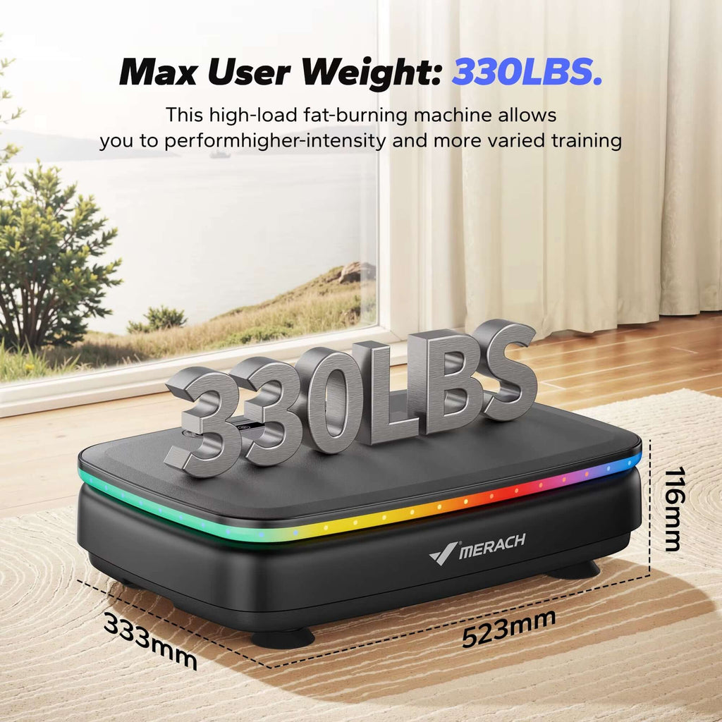 Vibration Plate Exercise Machine – Full-Body Fitness Platform with Resistance Bands with max user weight 330LBS on display.