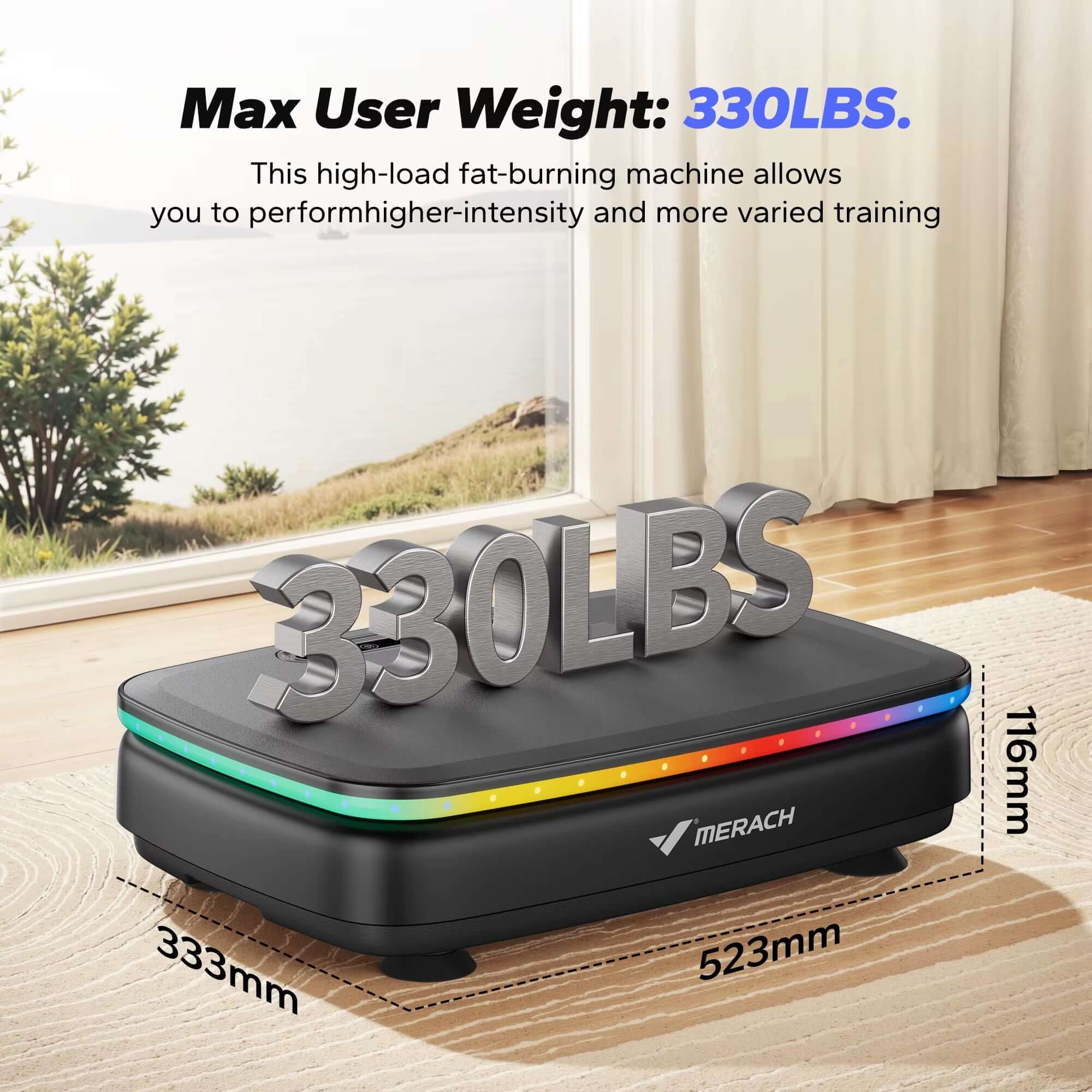Vibration Plate Exercise Machine – Full-Body Fitness Platform with Resistance Bands with max user weight 330LBS on display.