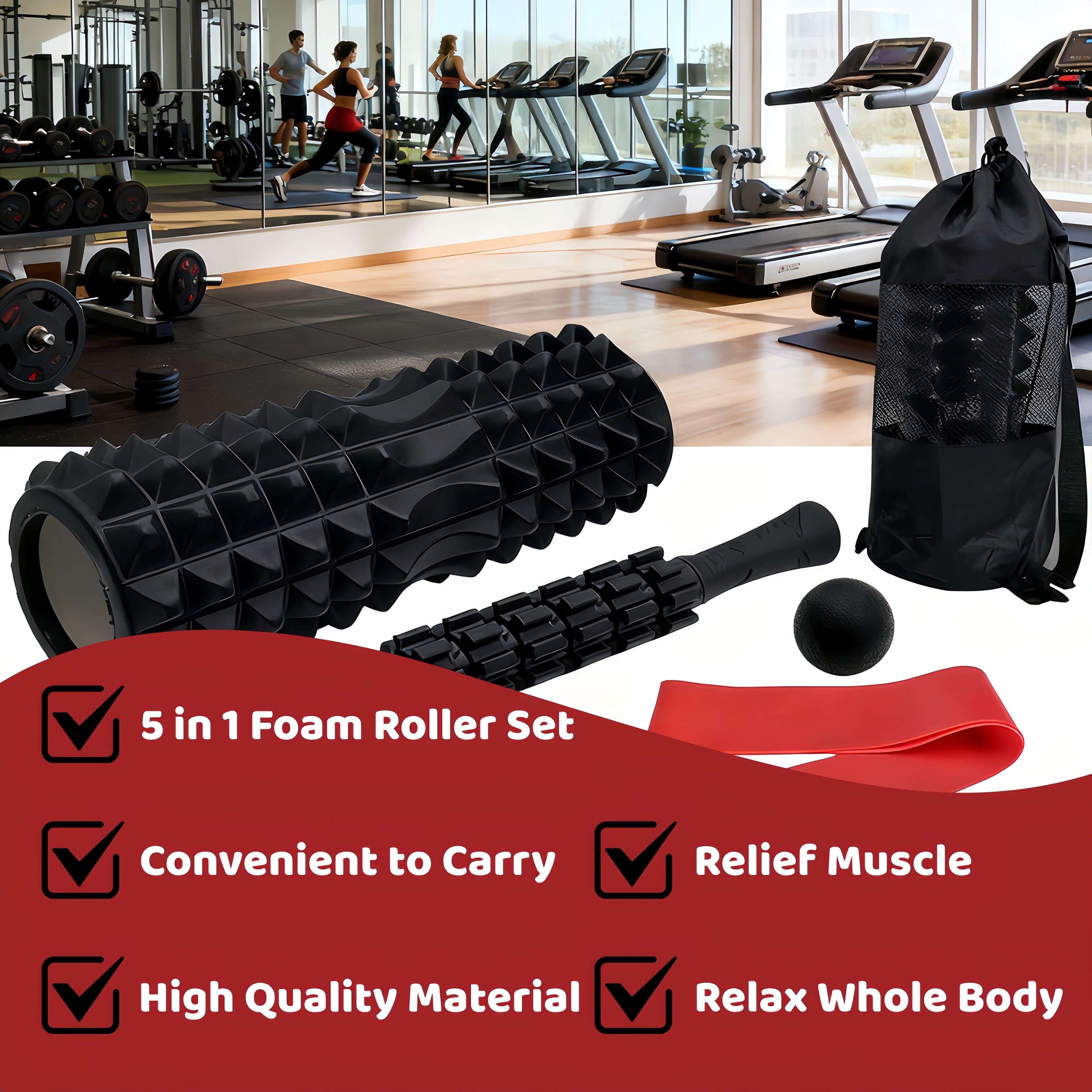 High-Density 5-in-1 Foam Roller Set - Complete Active Recovery System for Whole Body on gym floor with accessories.