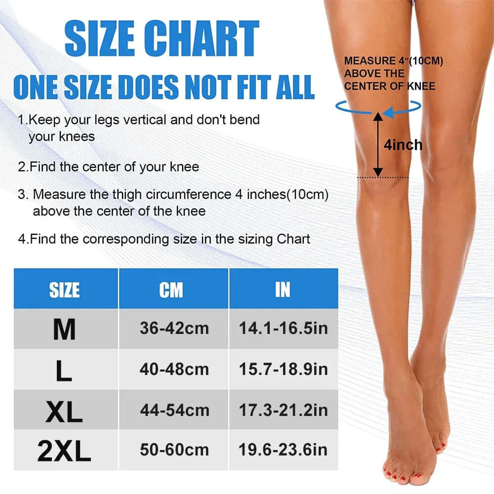 Size chart for Padded Compression Leg Sleeve – Knee & Shin Protection for Sports & Training, showing measurements for sizing.