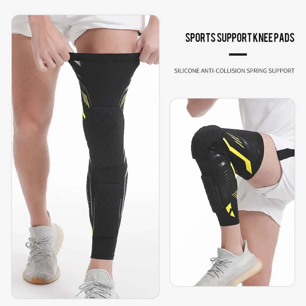 Padded Compression Leg Sleeve – Knee & Shin Protection for Sports & Training in use, featuring silicone anti-collision support.