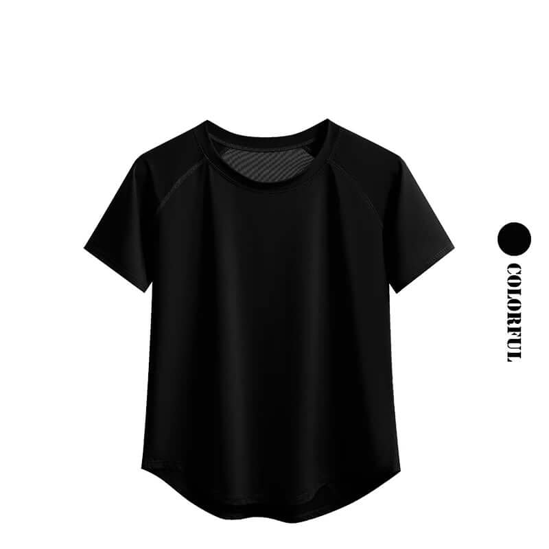 Display of Black Women's quick-dry yoga gym t-shirt– Breathable Short Sleeve Workout Top, designed for comfort and movement.