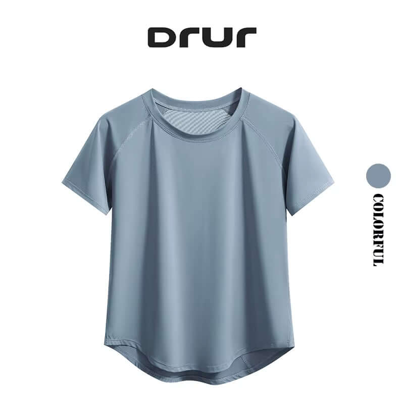 Display of a Light Blue Women's quick-dry yoga gym t-shirt – Breathable Short Sleeve Workout Top 