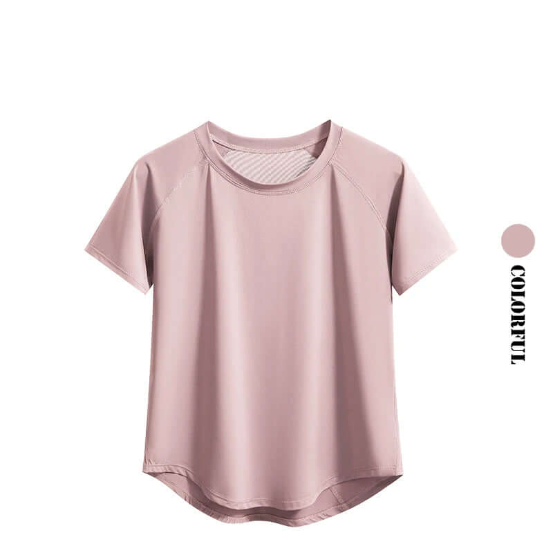 Display of a Light Pink Women's quick-dry yoga gym t-shirt – Breathable Short Sleeve Workout Top 