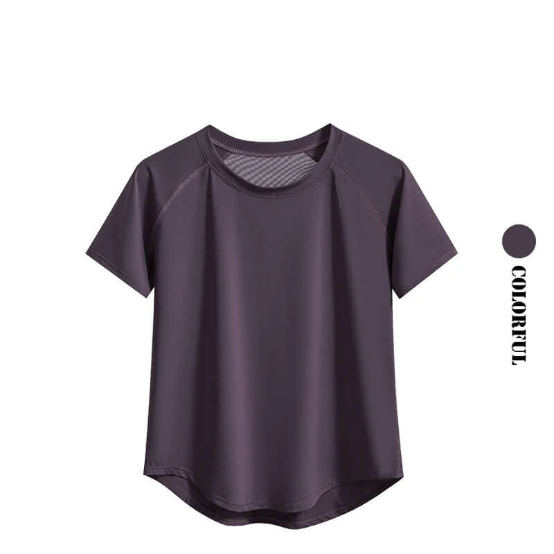 Display of a dark Purple Women's quick-dry yoga gym t-shirt – Breathable Short Sleeve Workout Top 