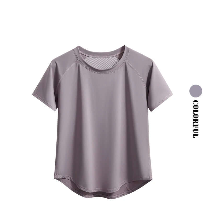 Display of a stylish grey color. Women's quick-dry yoga gym t-shirt– Breathable Short Sleeve Workout Top