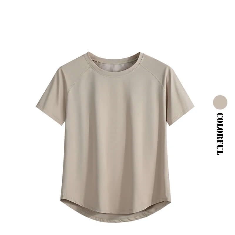 Display of a very Light Beige Women's quick-dry yoga gym t-shirt-Breathable Short Sleeve Workout Top