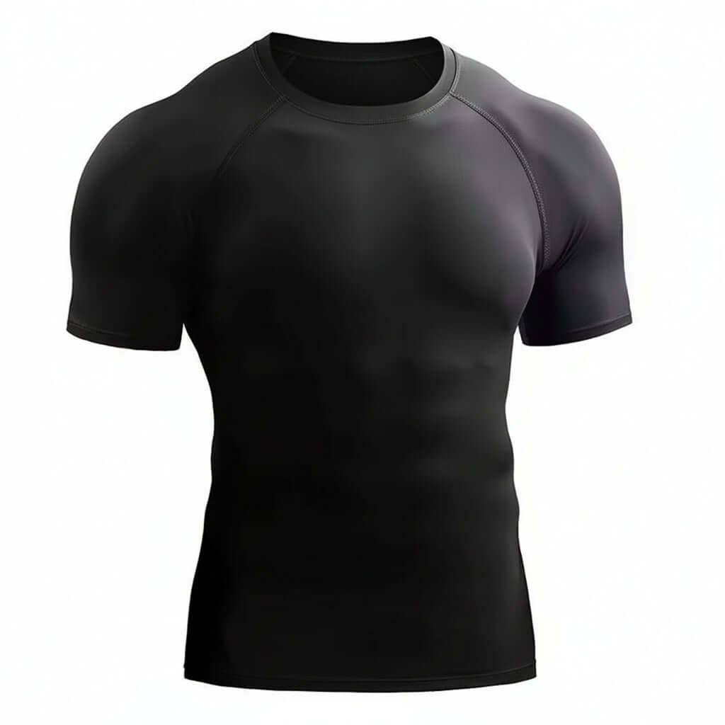 Men's quick-dry performance training compression shirt – Stretch Compression Tee for Running & HIIT display of the black color.