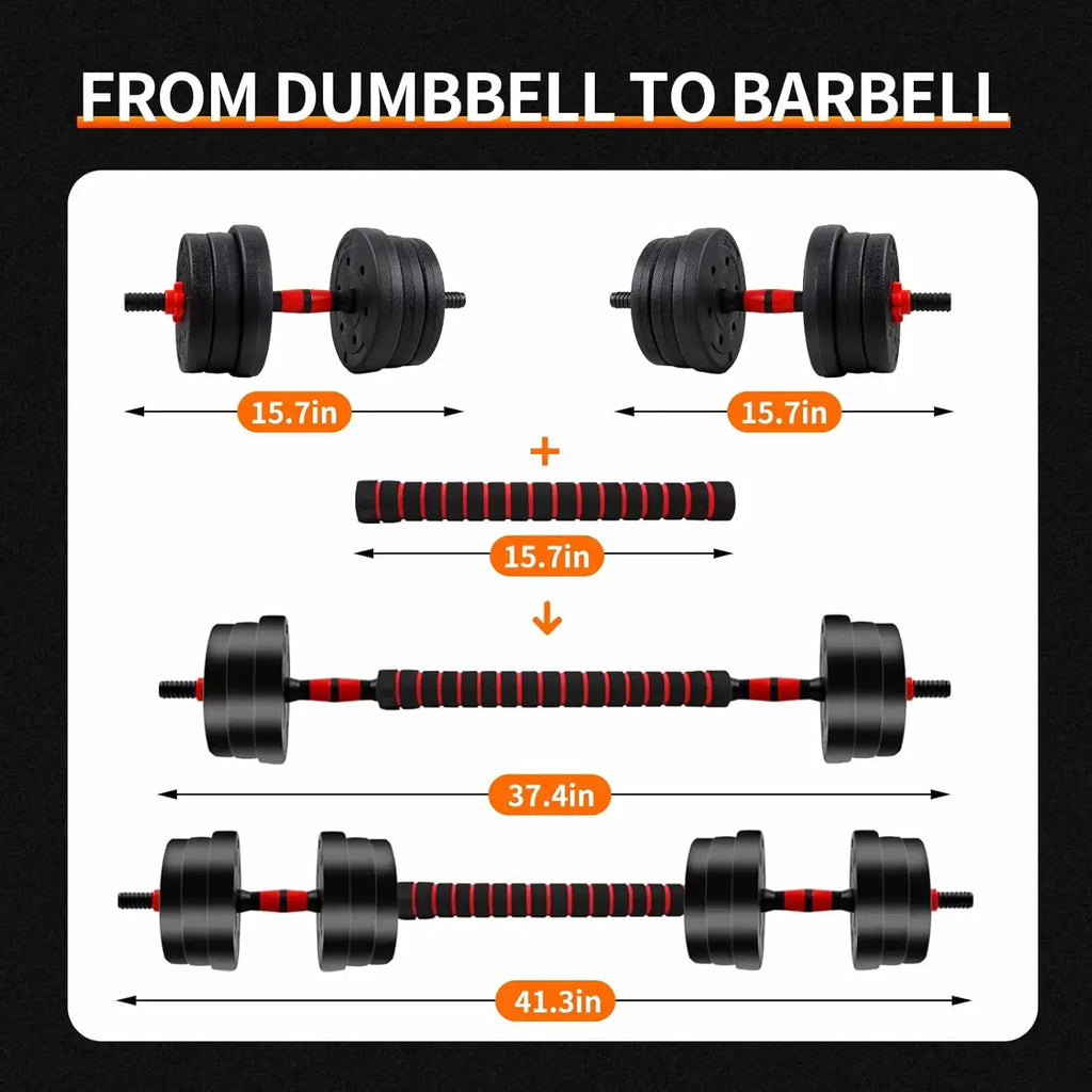 5-44 lbs. Adjustable Dumbbell to Barbell Set, image displaying all the measurements