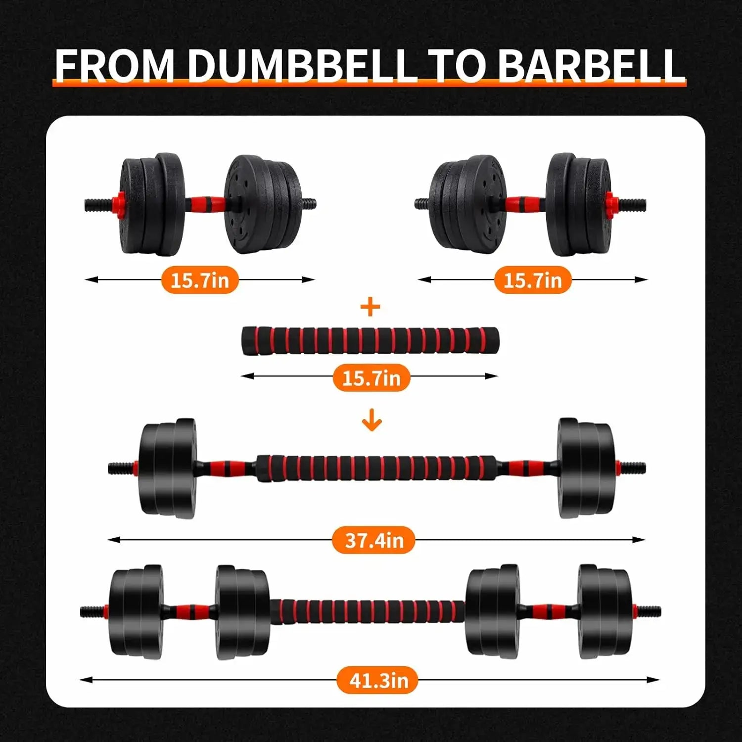 5-44 lbs. Adjustable Dumbbell to Barbell Set, image displaying all the measurements
