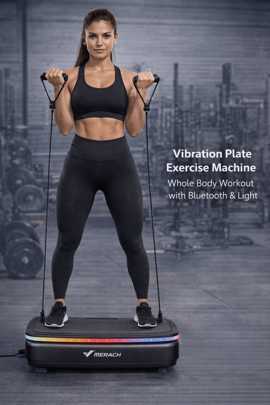 Vibration Plate Exercise Machine – Full-Body Fitness Platform with Resistance Bands in use during a workout.