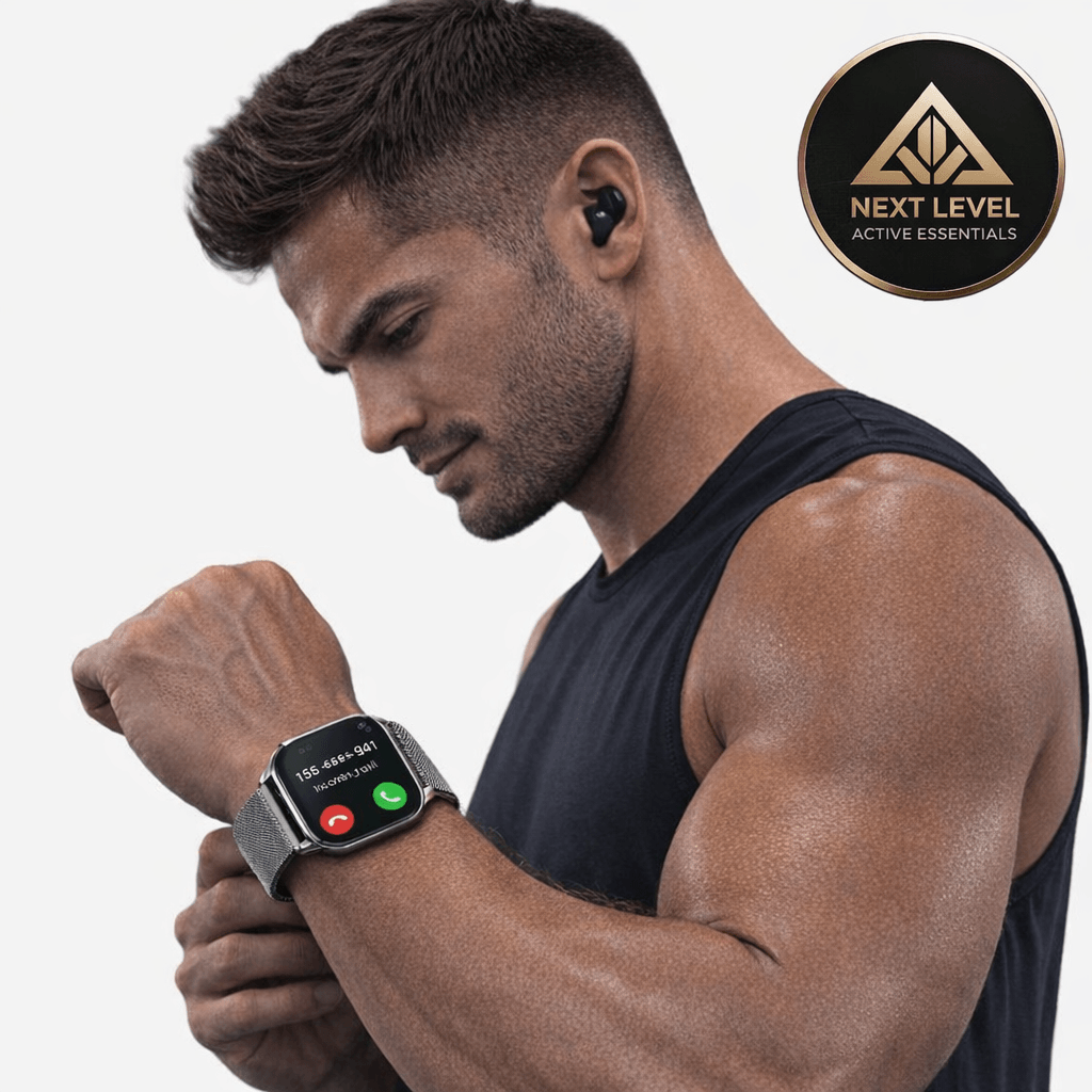 Fitness Smartwatch – Bluetooth Calling, Full Touch Screen, Multi-Sport Tracking being used by a man with a stylish look.