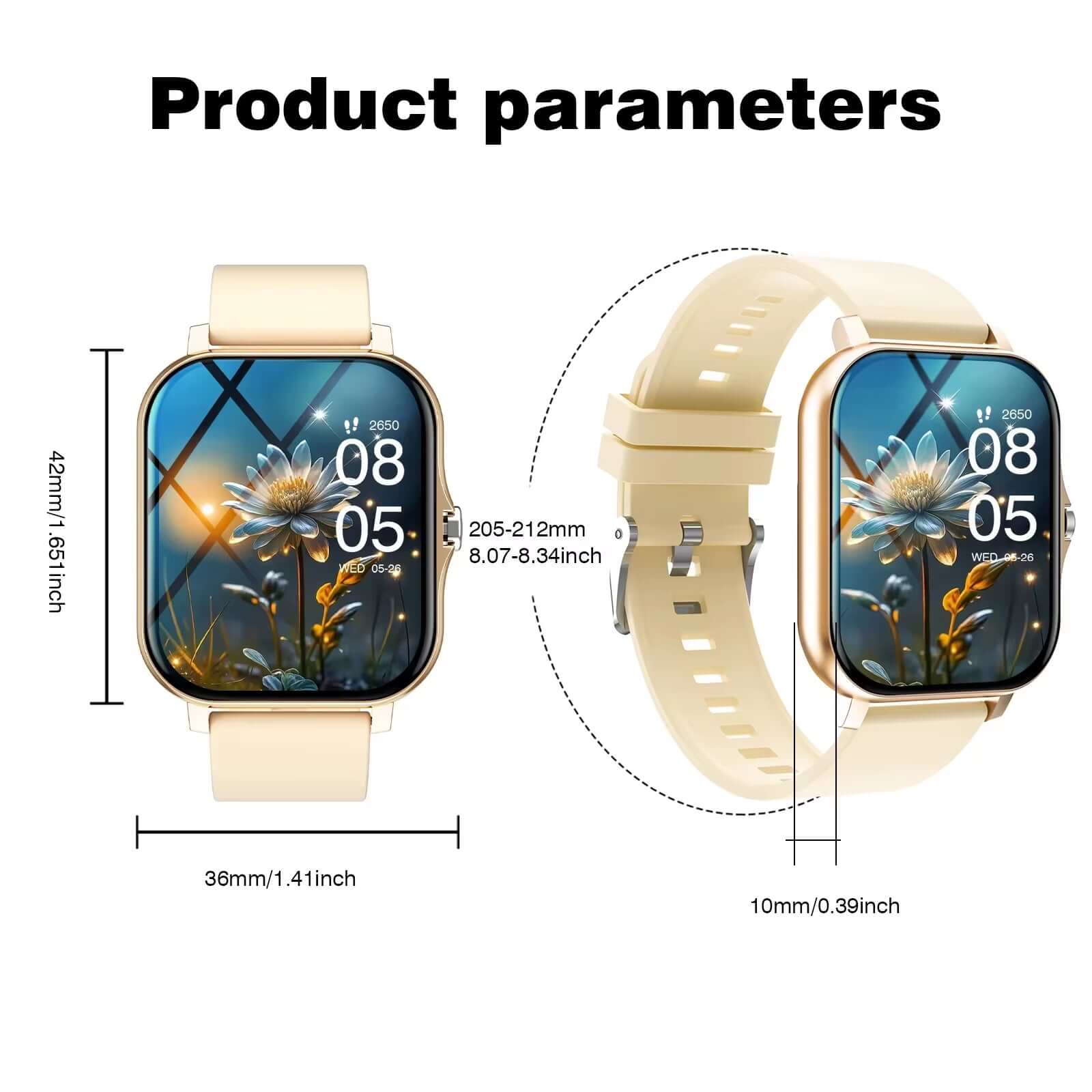 Fitness Smartwatch – Bluetooth Calling, Full Touch Screen, Multi-Sport Tracking product parameters and dimensions.