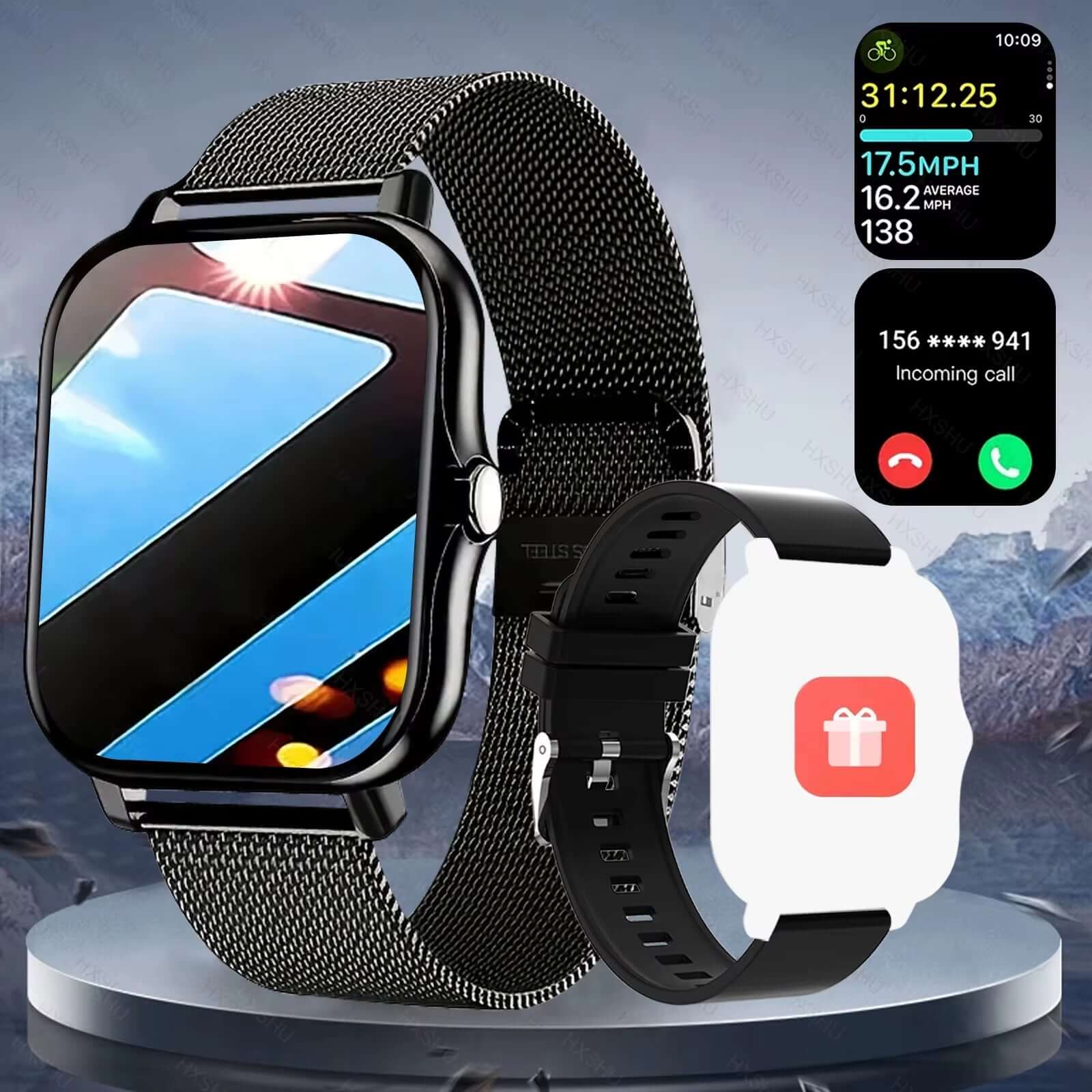 Fitness Smartwatch – Bluetooth Calling, Full Touch Screen, Multi-Sport Tracking on display with colorful interface.
