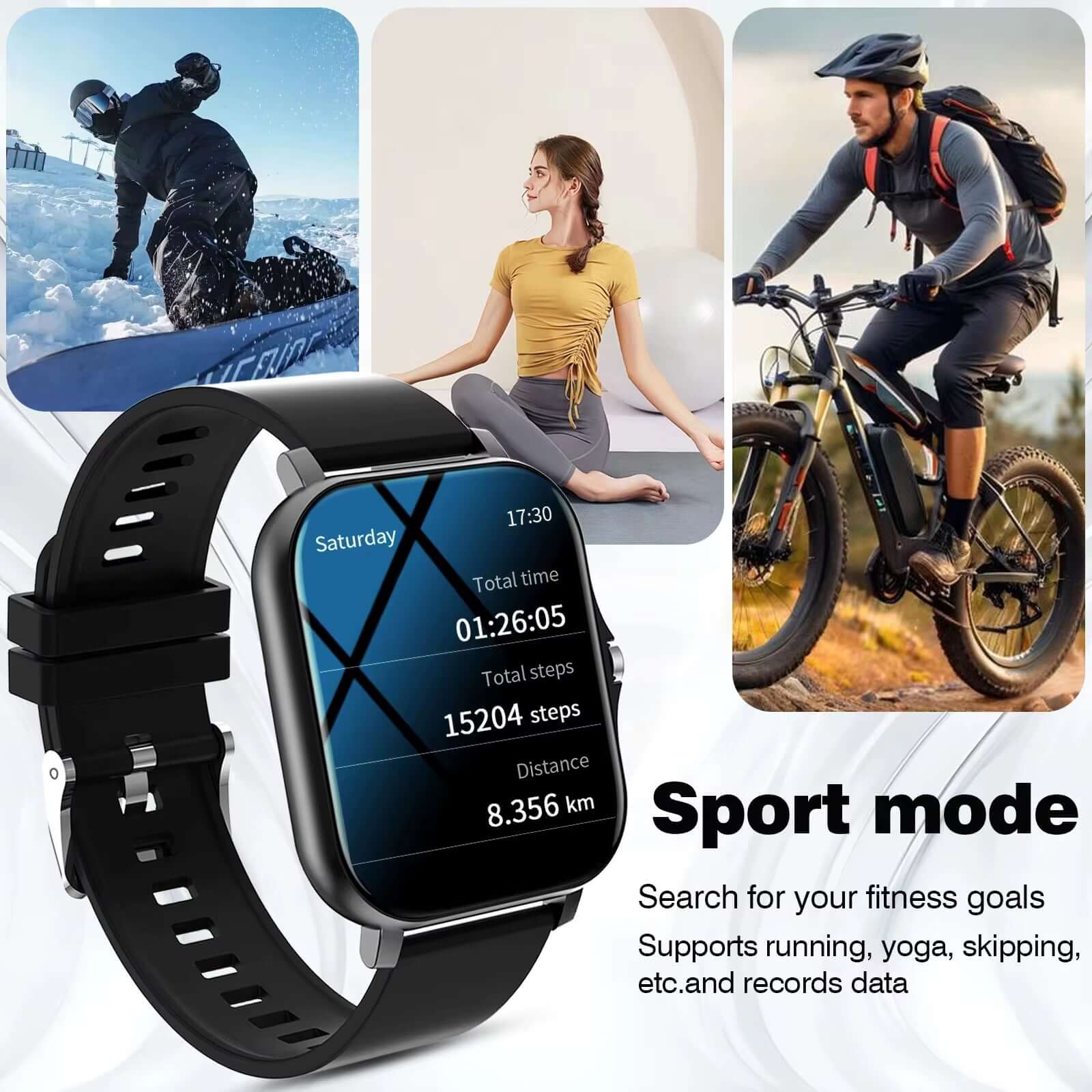 Fitness Smartwatch – Bluetooth Calling, Full Touch Screen, Multi-Sport Tracking featuring sport modes for various activities.