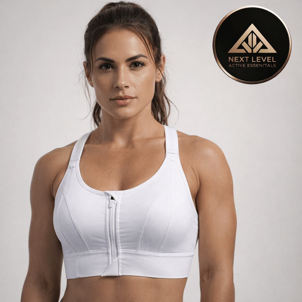 NLAE Front-Zip High-Impact Sports Bra – Adjustable Support for Active Women, worn by a model in white.