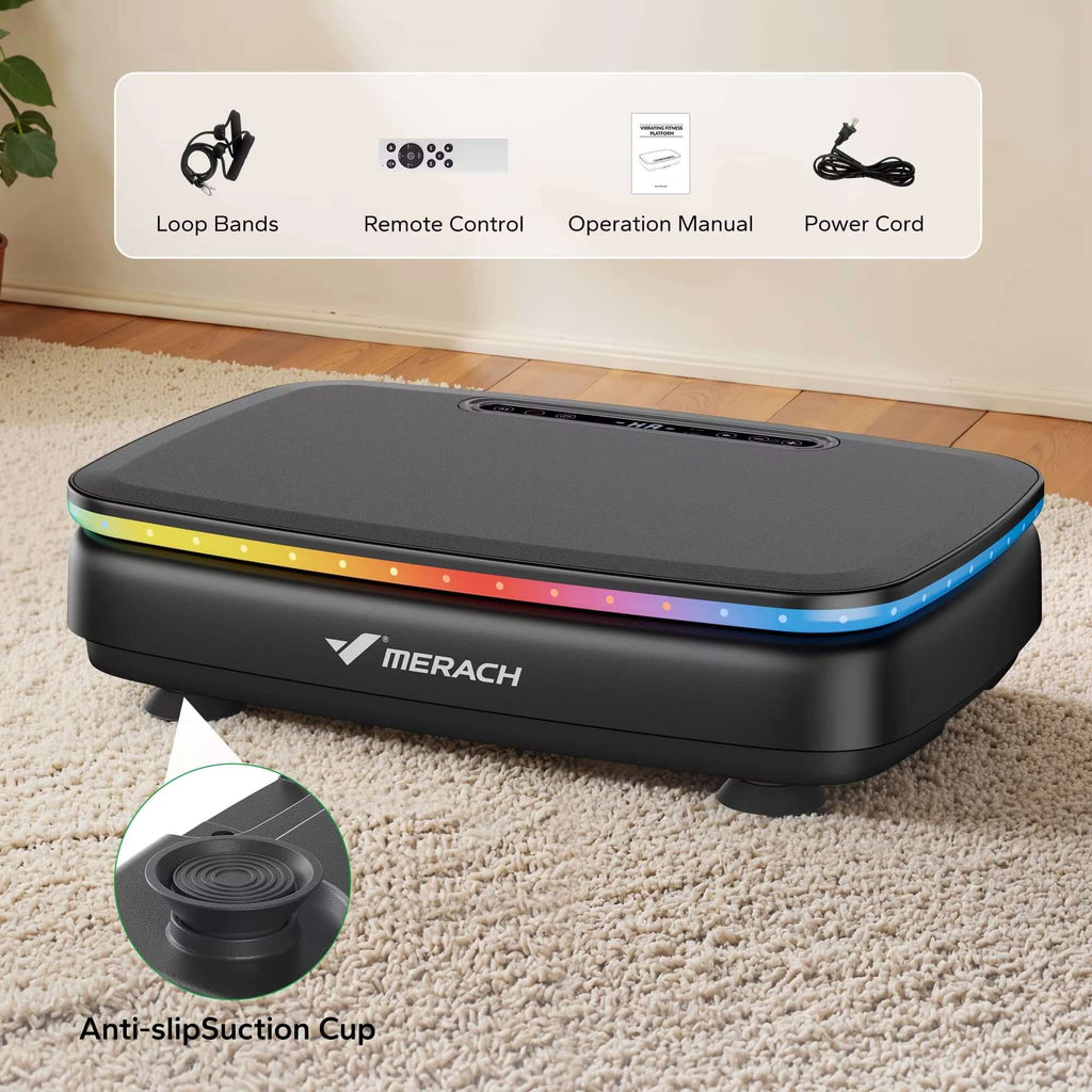 Vibration Plate Exercise Machine – Full-Body Fitness Platform with Resistance Bands featuring anti-slip suction cup and remote control.