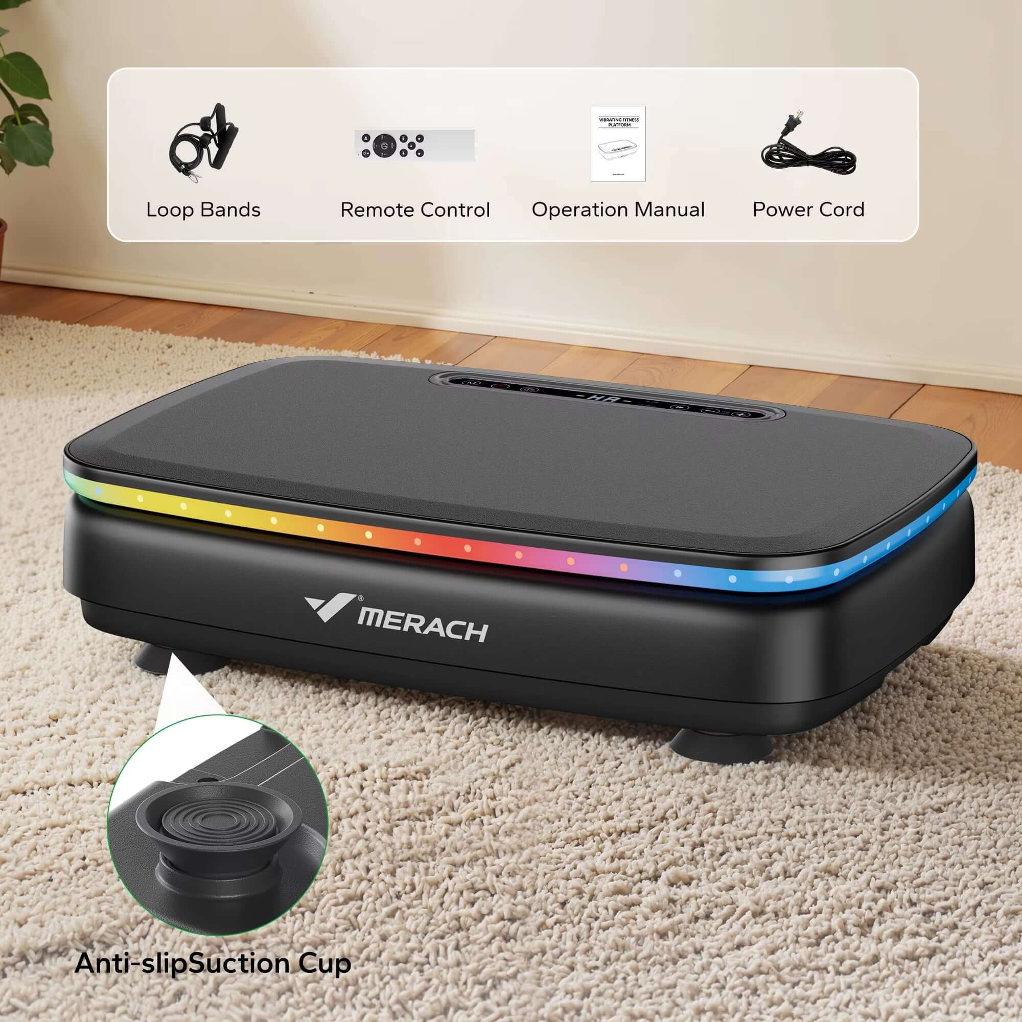 Vibration Plate Exercise Machine – Full-Body Fitness Platform with Resistance Bands featuring anti-slip suction cup and remote control.