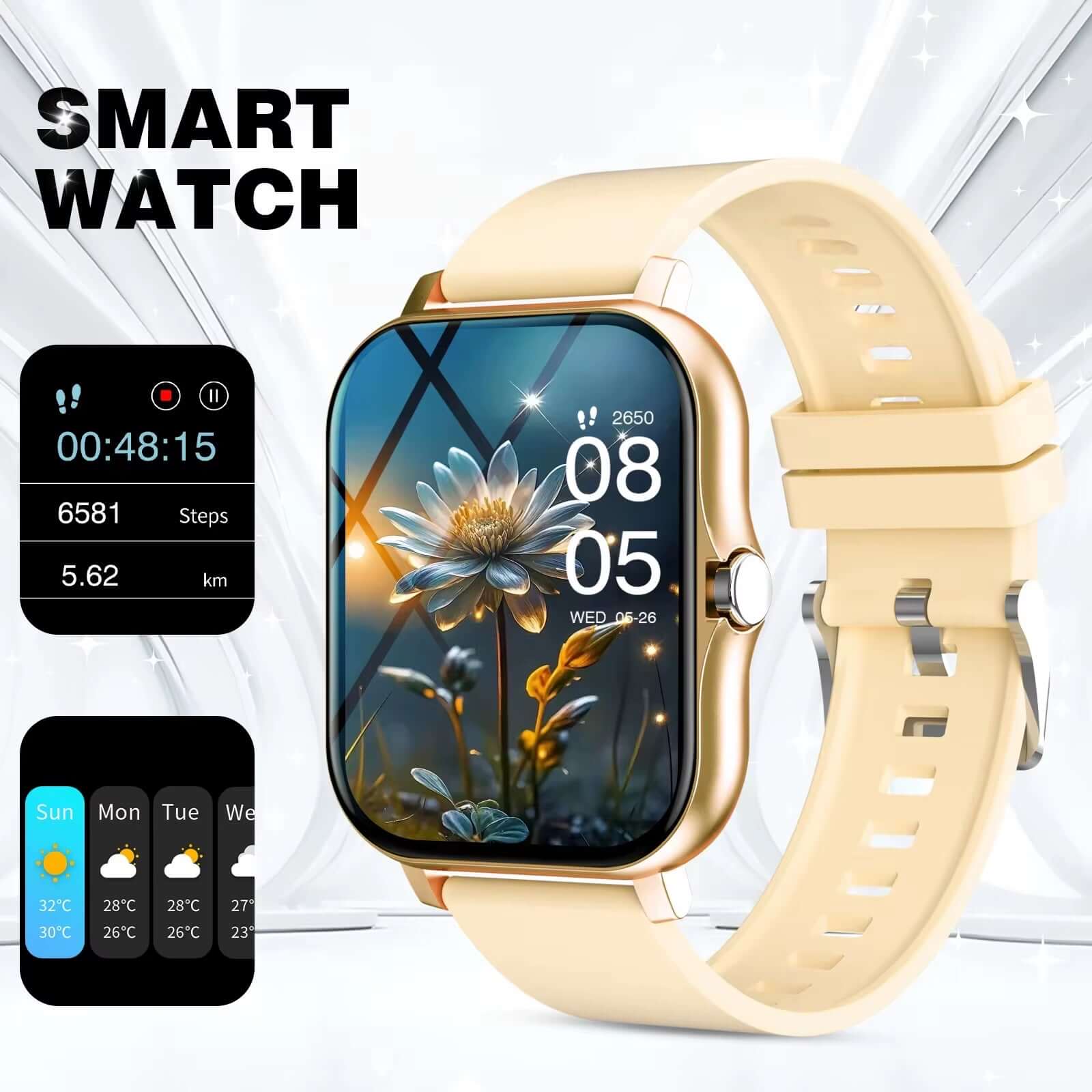 Fitness Smartwatch – Bluetooth Calling, Full Touch Screen, Multi-Sport Tracking displayed with a vibrant floral watch face.