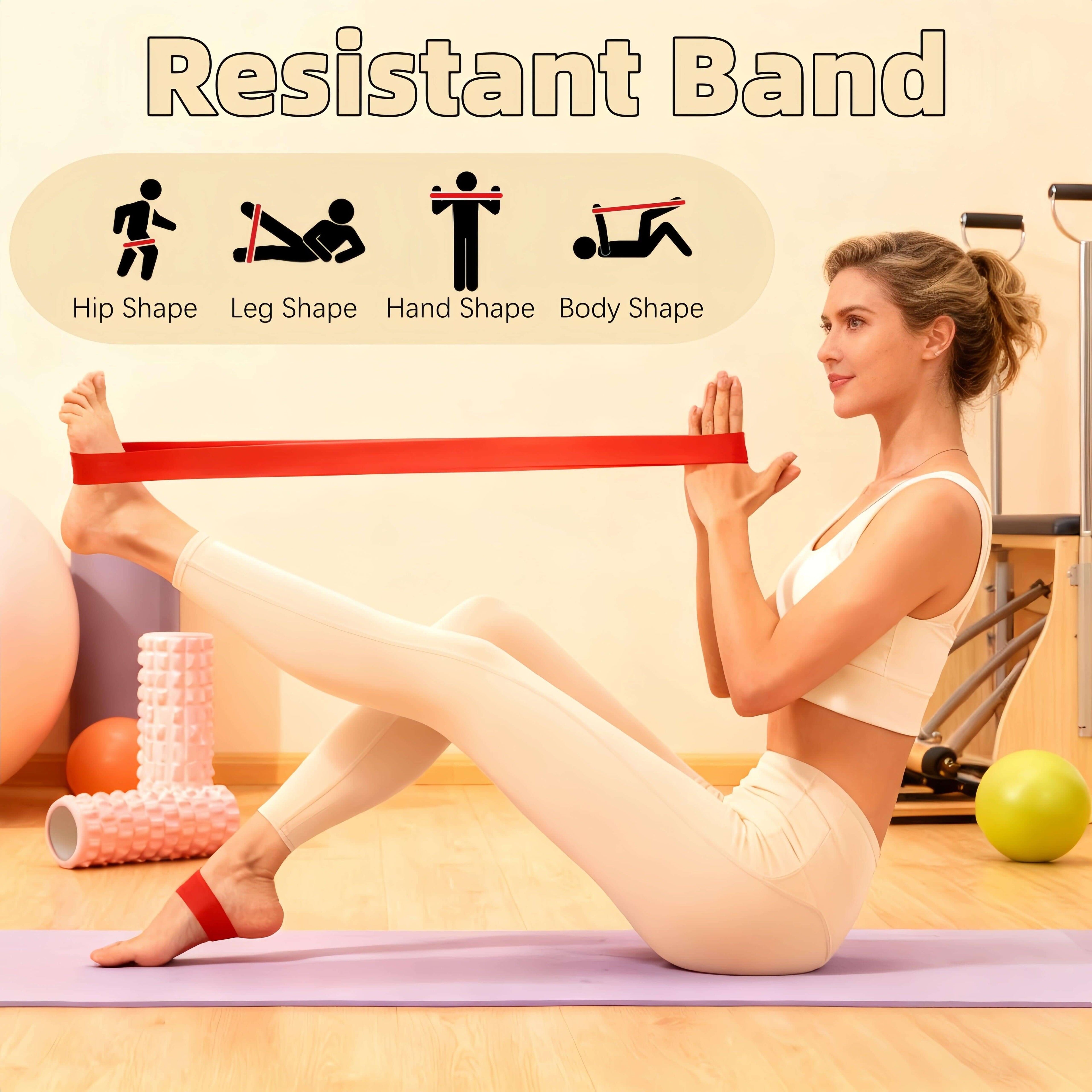 High-Density 5-in-1 Foam Roller Set has a Resistant Band for hip, leg, hand, and body shapes. Ideal for various fitness exercises and strength training. The yoga instructor is showing how to use the Resistance Band, so you all can learn and obtain better results