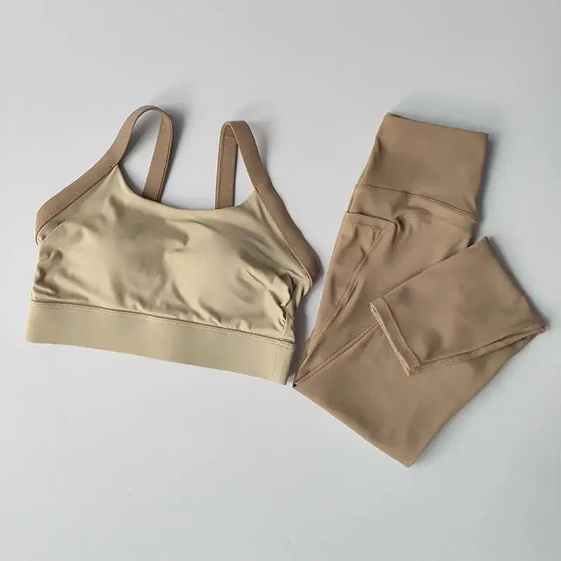Women’s High-End Yoga Workout Set Beige sports bra and leggings set on a light gray background