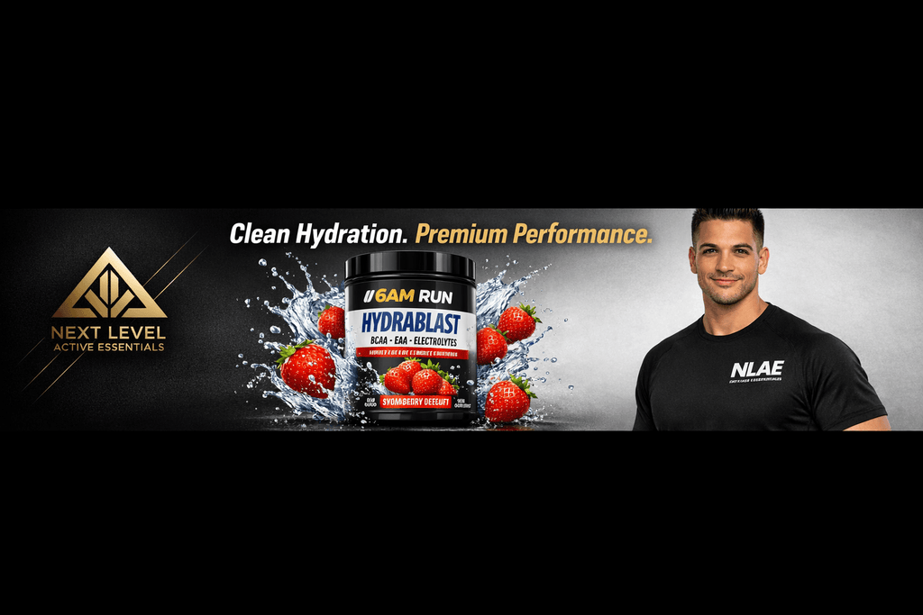 Banner featuring 6AM RUN HYDRABLAST hydration mix with water splash, strawberries, and athlete wearing NLAE shirt.