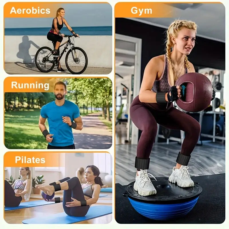Magnetic Wrist & Ankle Weights 1kg 2.2 lbs. Collage of people exercising with text labels for Aerobics, Gym, Running, and Pilates.