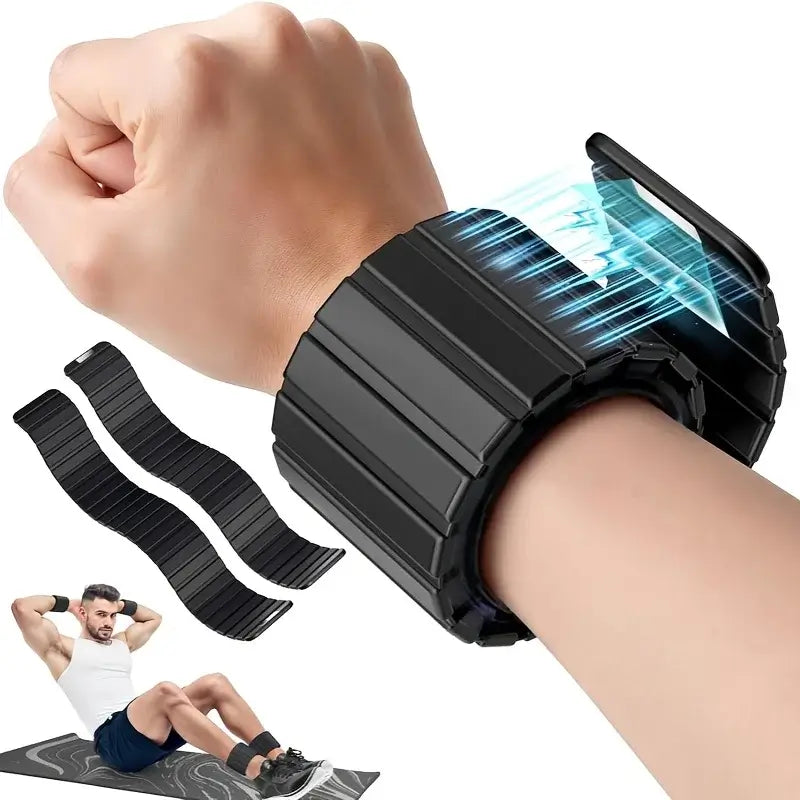 Magnetic Wrist & Ankle Weights 1kg 2.2 lbs. Displaying Hand wearing a black wristband with cooling effect, inset showing a person exercising.