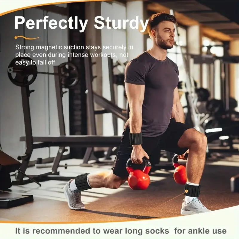 Magnetic Wrist & Ankle Weights 1kg 2.2 lbs. Man exercising with kettlebells in a gym setting, promoting a product with strong magnetic suction.