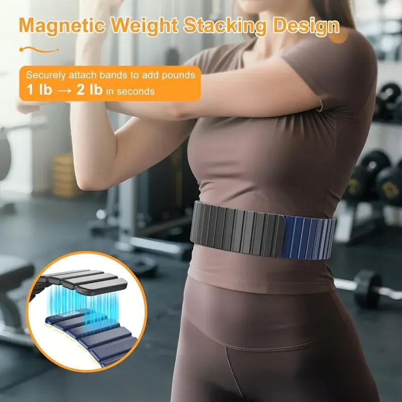 Magnetic Wrist & Ankle Weights 1kg 2.2 lbs. Woman wearing a magnetic weight stacking belt in a gym setting